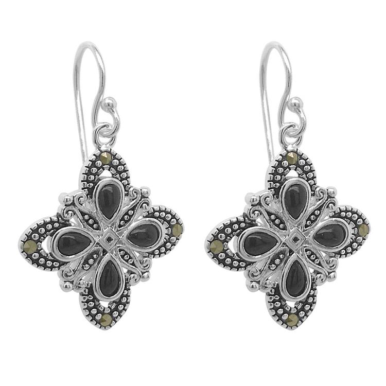 Marsala Silver Plated Marcasite & Onyx Inlay Drop Earrings
