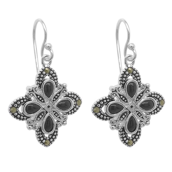 Marsala Silver Plated Marcasite & Onyx Inlay Drop Earrings - image 