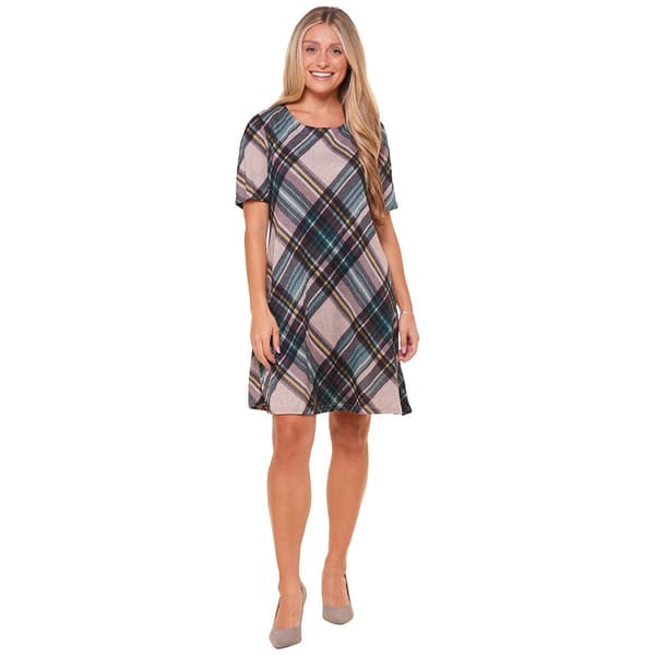 Petite Madison Leigh Short Sleeve Hacci Plaid Dress - image 