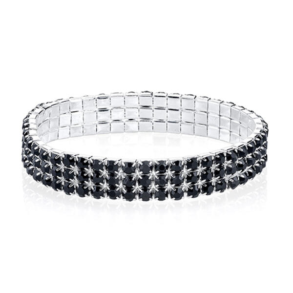 1928 Silver-Tone & Black Rhinestone Stretch Bracelet - image 
