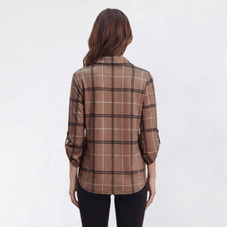 Womens New York Laundry Long Roll Tab Sleeve Plaid Blouse