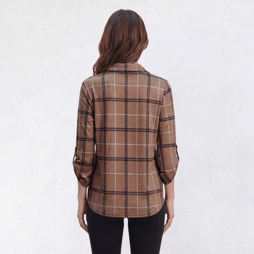 Womens New York Laundry Long Roll Tab Sleeve Plaid Blouse