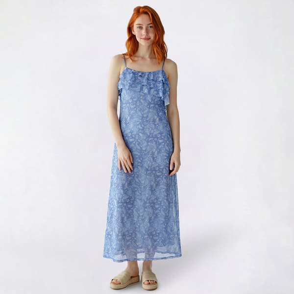 Juniors Pink Rose Print Mesh Empire Ruffle Bust Maxi Dress
