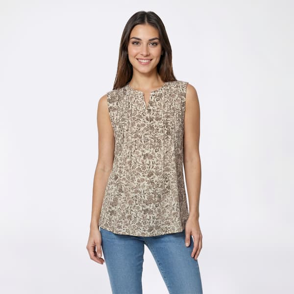 Womens Napa Valley Sleeveless Dove Floral Pleat Henley Blouse - image 