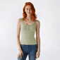 Juniors Pink Rose Striped Thermal Lace Trim Henley Tank Top - image 1