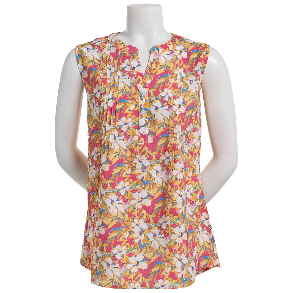 Petite Notations Sleeveless Floral Pleated Blouse