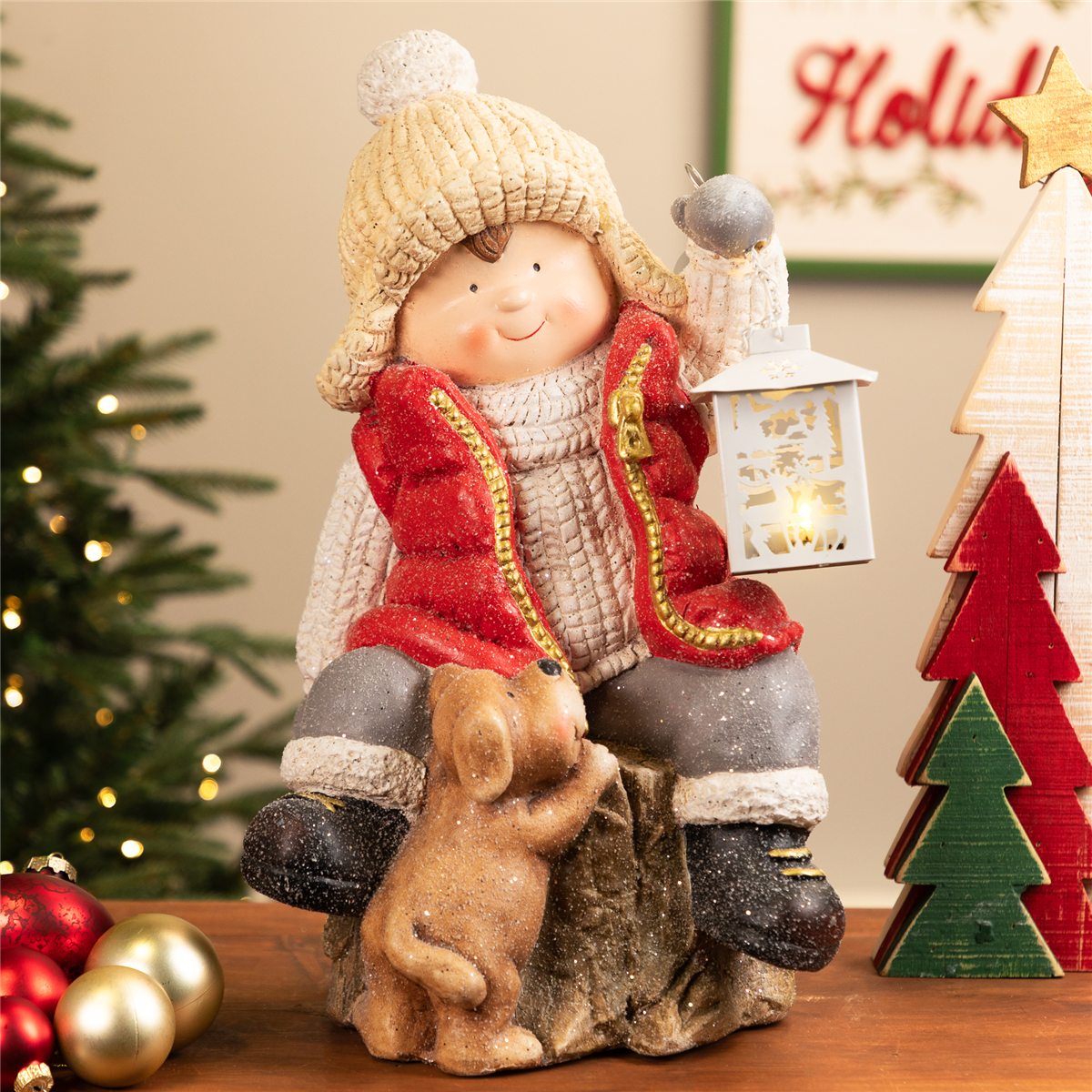 Northlight Boy with Puppy & Lighted Lantern Christmas Decoration