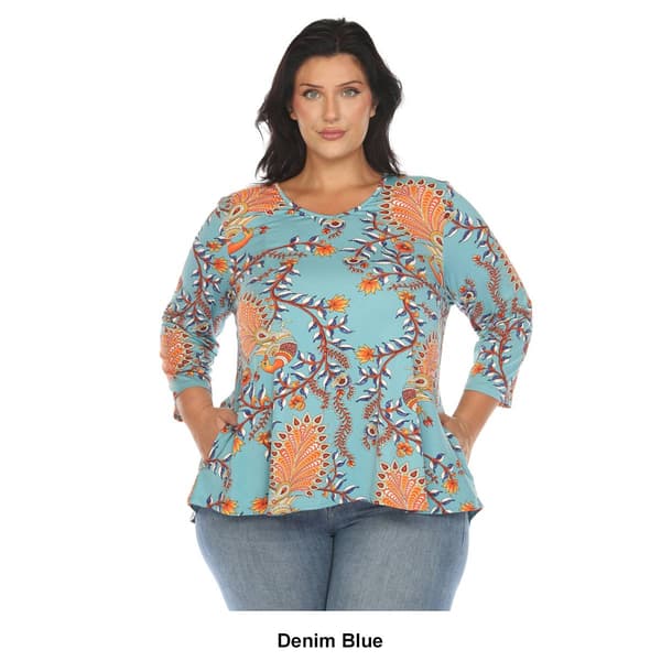 Plus Size White Mark 3/4 Sleeve Paisley Peacock Top