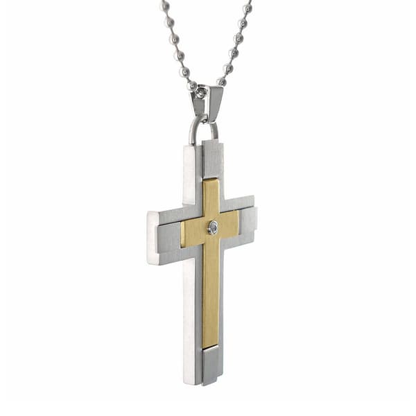 Mens Lynx Stainless 1/8ctw. Diamond & Gold-Tone IP Cross Pendant
