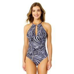 Womens Anne Cole Shadow Palm High Neck With Ruffle 1 Piece Suit