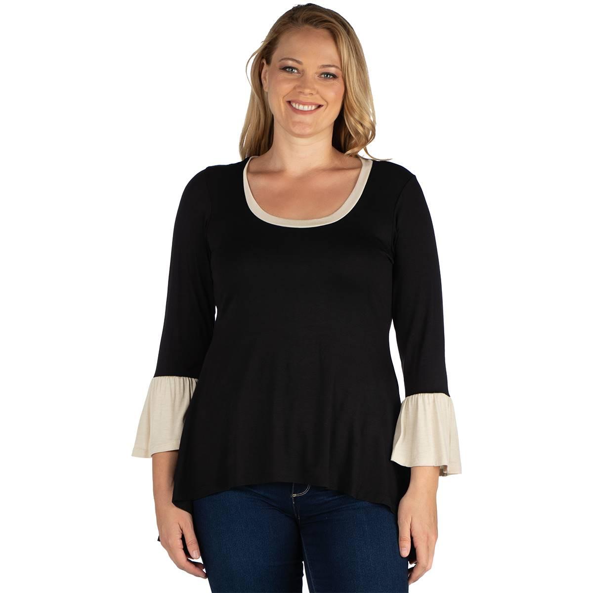 Plus Size 24/7 Comfort Apparel Black & Beige High Low Tunic