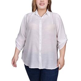 Plus Size NY Collection Casual Button Down 3/4 Roll Tab Blouse