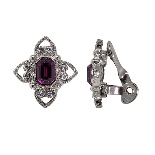1928 Silver Purple Rectangle Crystal Floral Clip On Earrings