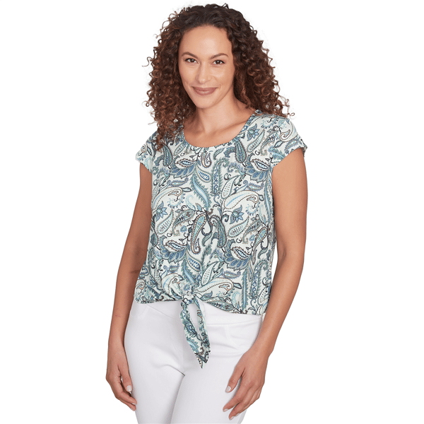 Womens Emaline Key Items Cap Sleeve Tie Front Paisley Tee