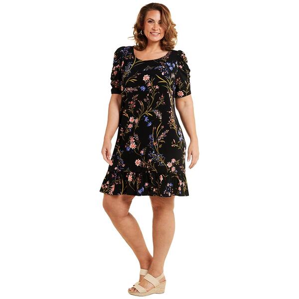 Plus Size MSK Puff Elbow Sleeve Round Neck Floral Shift Dress - image 