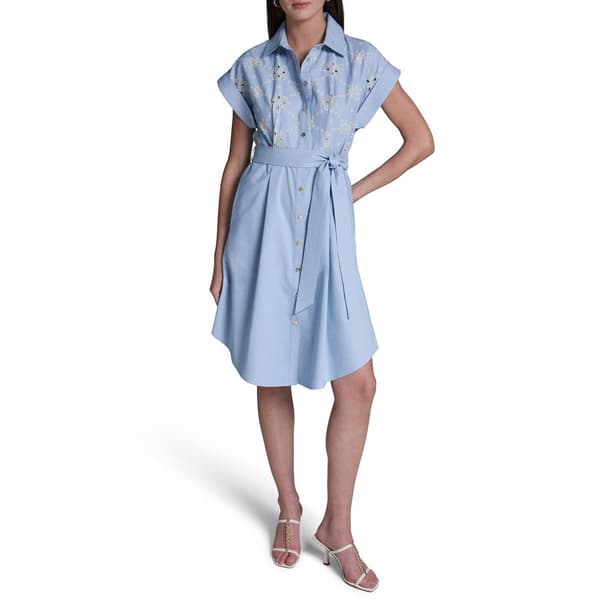 Womens Halston Short Sleeve Rolled Cuff Crochet Shirtdress