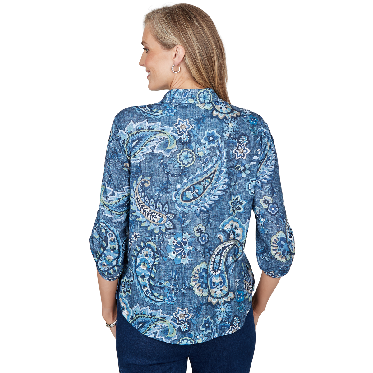 Womens Alfred Dunner Ann Arbor Roll Tab Sleeve Paisley Blouse