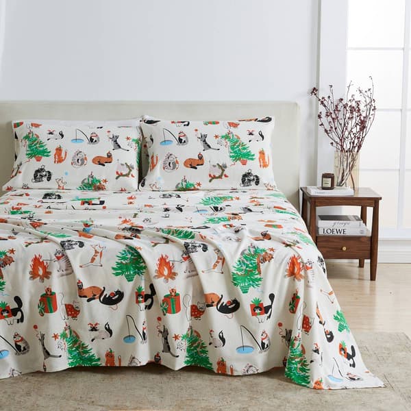 Freshfolds Cotton Cat Festivities Holiday 4pc. Flannel Sheet Set