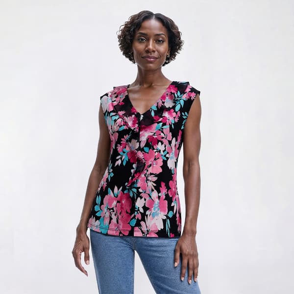 Plus Size Kasper Sleeveless Ruffle Front Spaced Floral Blouse - image 
