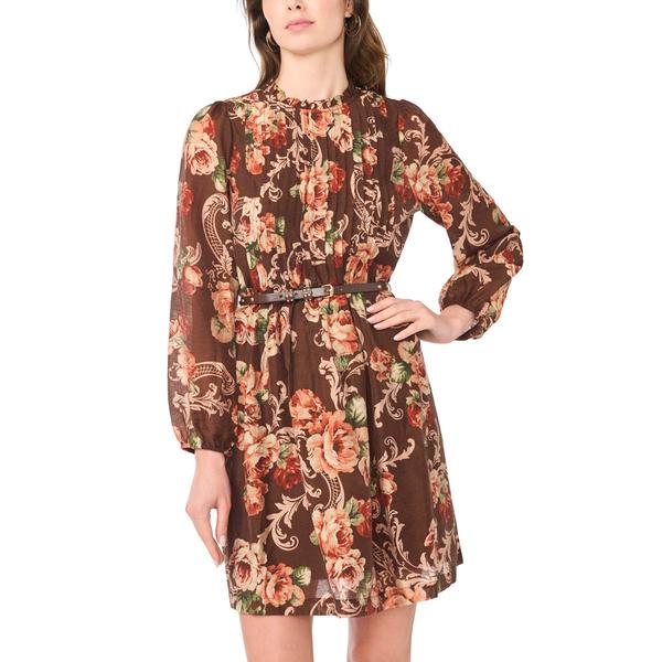 Womens MSK Long Sleeve Print Pintuck Belted Organdy Dress - image 
