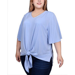 Plus Size NY Collection Elbow Sleeve Tie Front Blouse - Blue