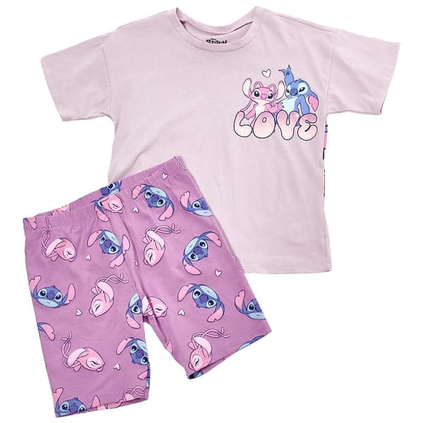 Girls (7-12) Disney Stitch & Angel Love Tee & Bike Short Set