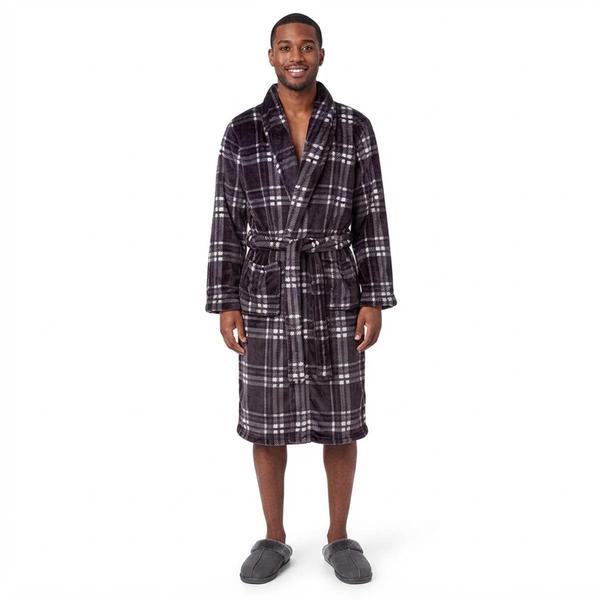 Mens Preswick & Moore(R) Plaid Velvet Robe - Grey/White - image 