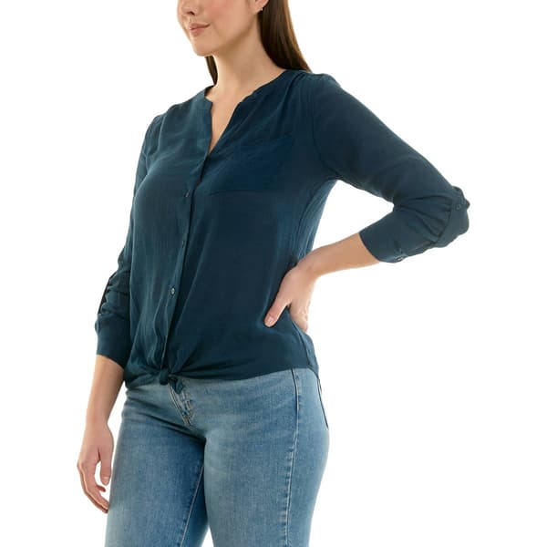 Womens Zac & Rachel 3/4 Roll Tab Sleeve Tie Front Solid Blouse