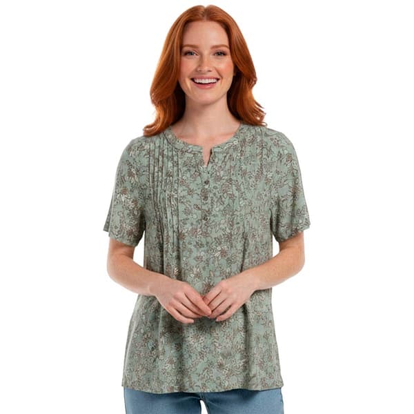 Plus Size Napa Valley Short Sleeve Sketch Floral Henley Blouse - image 