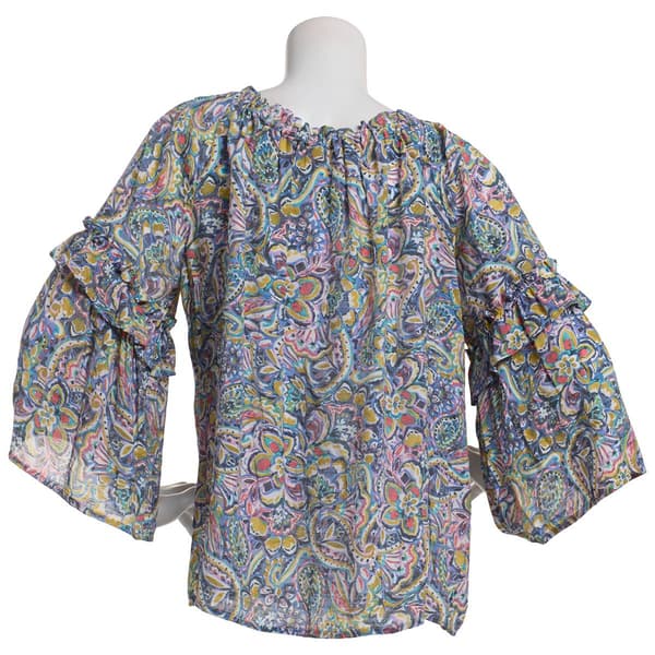Womens Zac & Rachel 3/4 Ruffle Sleeve Paisley Blouse-Navy/Sugar