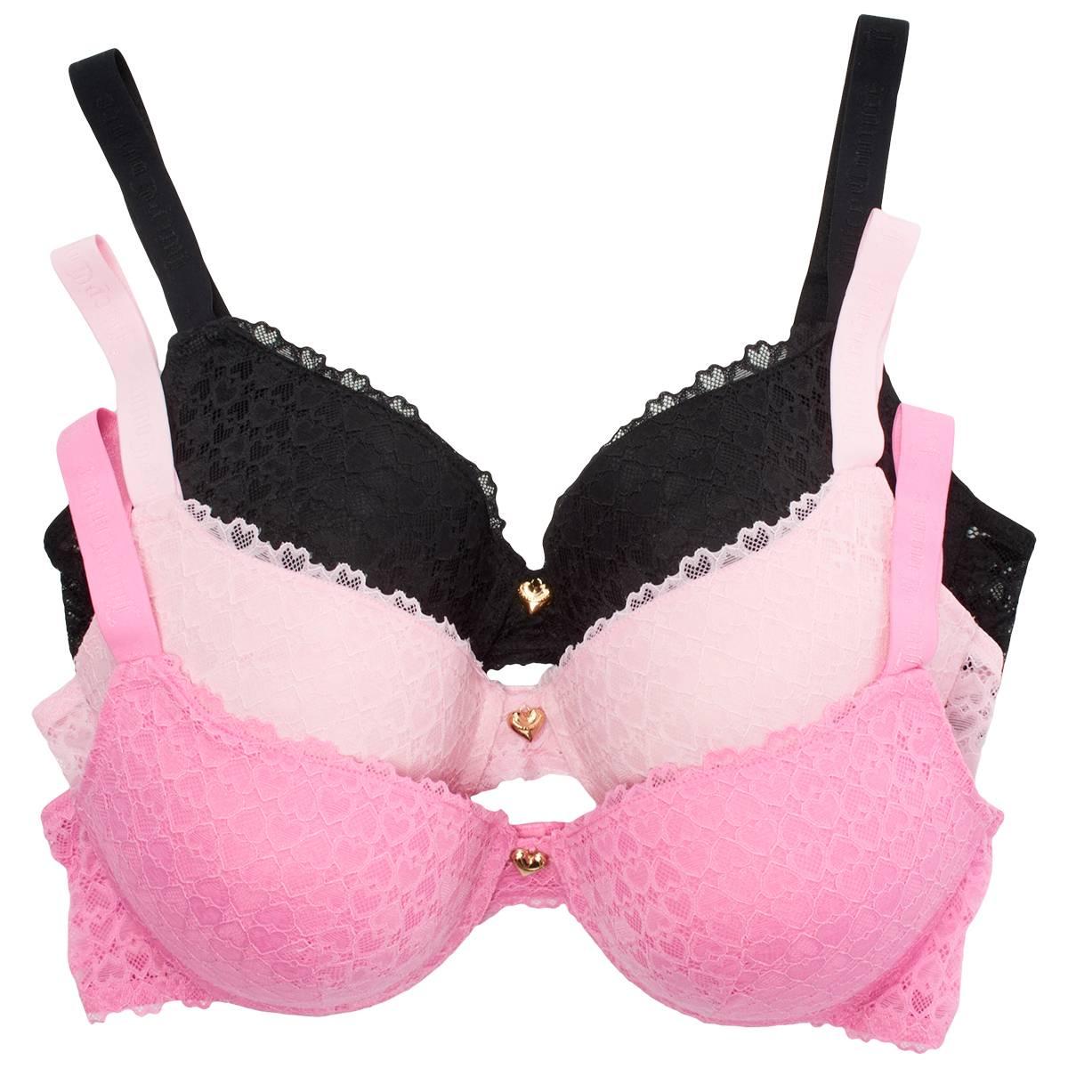 Open Video Modal for Womens Juicy Couture 3pk Heart Lace Bras w/Logo Strap JC2550-3PKF
