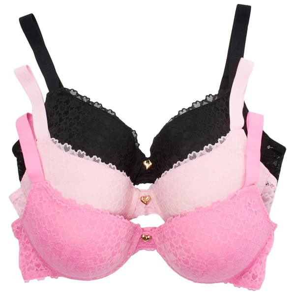 Womens Juicy Couture 3pk Heart Lace Bras w/Logo Strap JC2550-3PKF