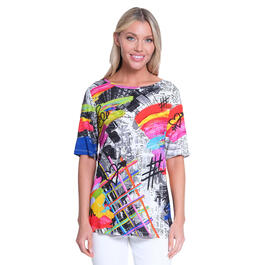 Womens Ali Miles 3/4 Sleeve Colorful Print Side Vent Knit Top