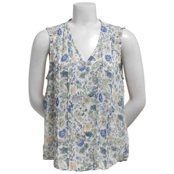Womens Zac & Rachel Sleeveless Floral V-Neck Pintuck Blouse