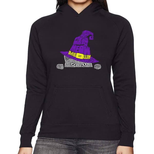 Plus Size LA Pop Art Peeking Witch Cat Word Art Hooded Sweatshirt