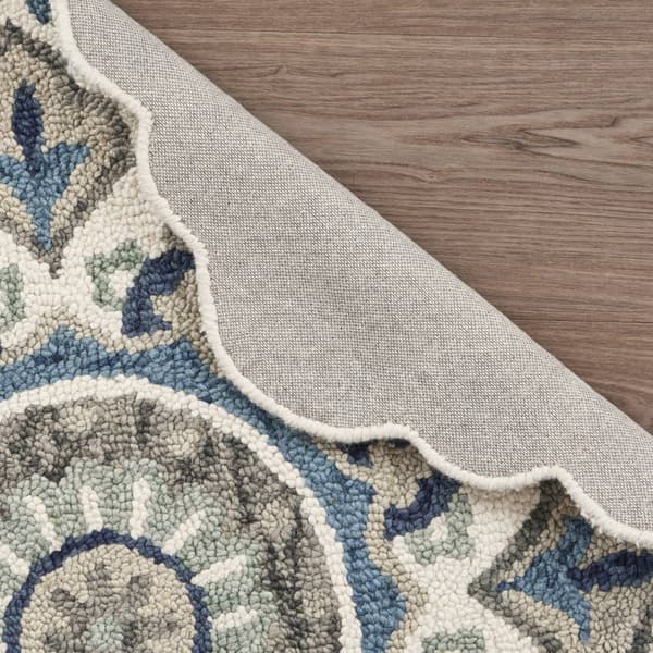 9th & Pike® Round Wool Blue & Cream Floral Hand Tufted Area Rug