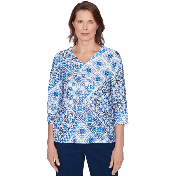 Petite Alfred Dunner Mykonos 3/4 Sleeve Medallion Blouse