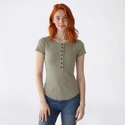Juniors Pink Rose Short Sleeve Mineral Wash Rib Henley Top