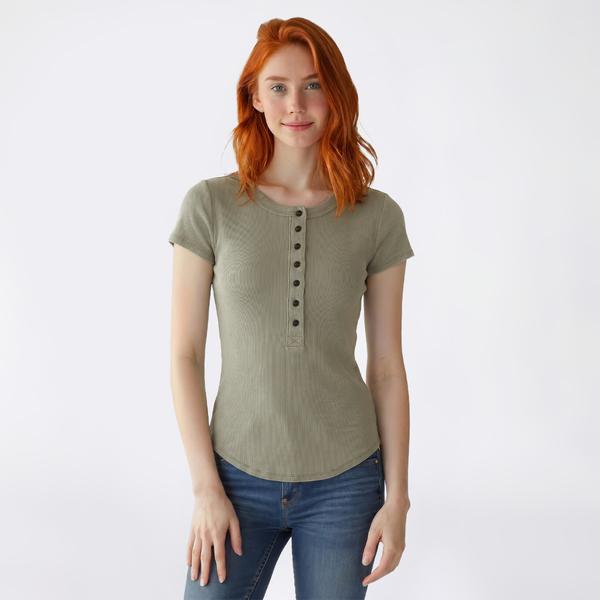 Juniors Pink Rose Short Sleeve Mineral Wash Rib Henley Top - image 
