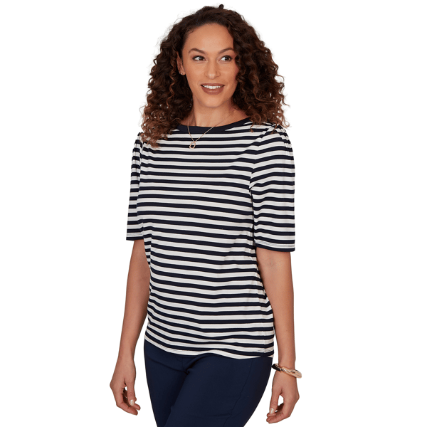 Womens Emaline Key Items Elbow Sleeve Boat Neck Stripe Tee