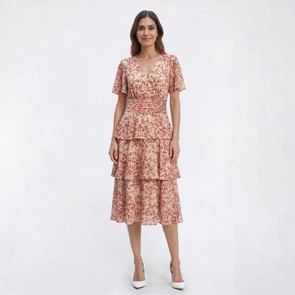 Womens Perceptions Short Sleeve Floral Tier Hem Midi Dress - image 