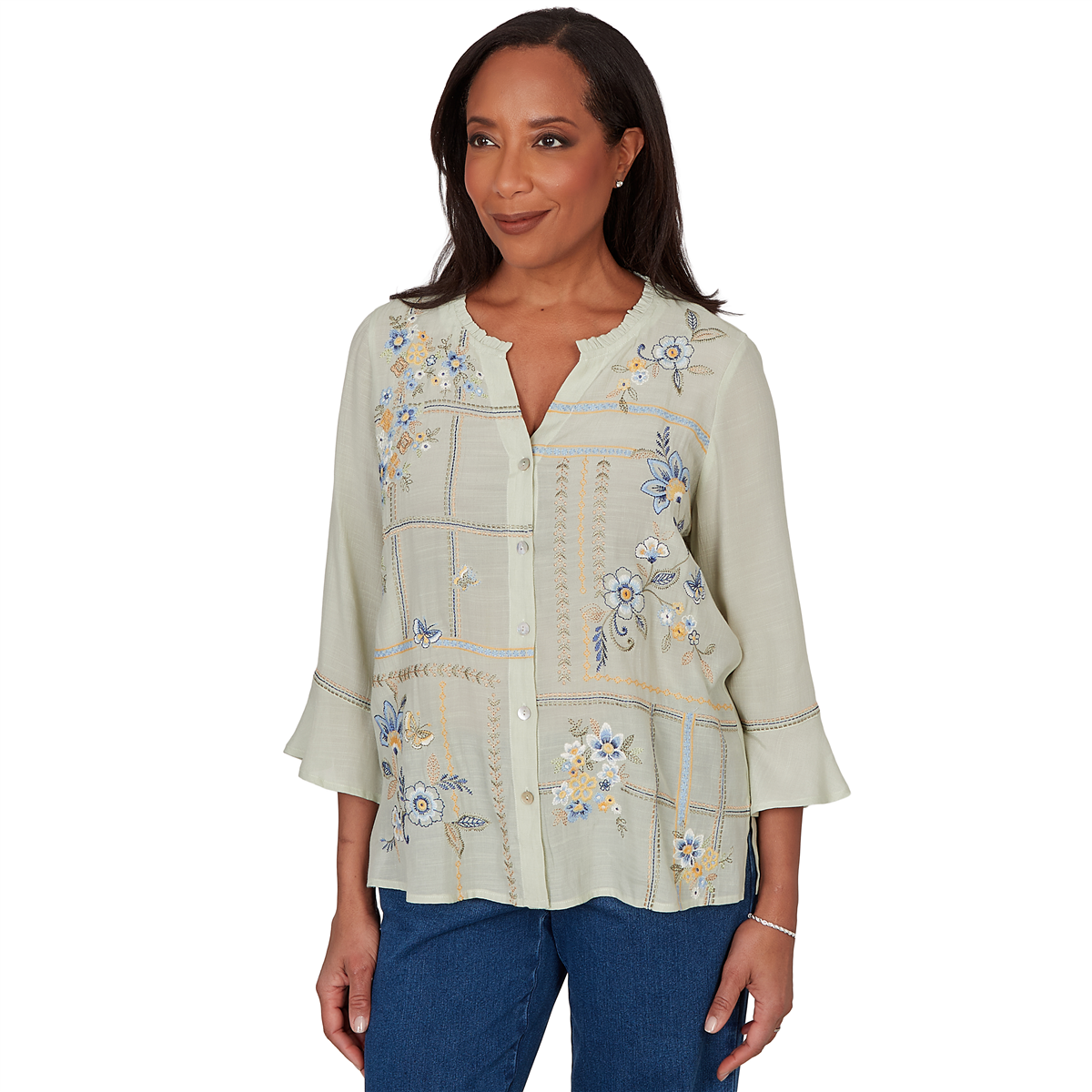 Petite Alfred Dunner Indigo Girls Floral Embroidery Blouse