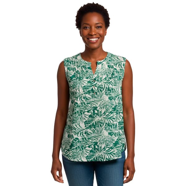 Womens Notations Sleeveless Tropical Leaf Knit Pleat Blouse - image 