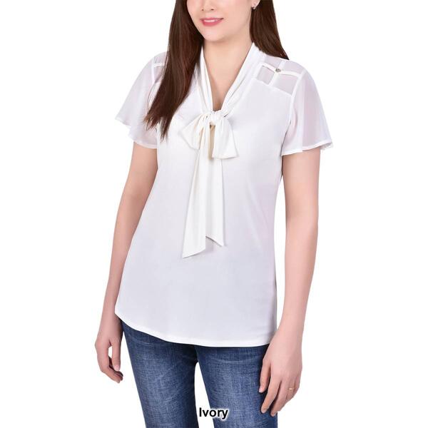 Petites NY Collection Short Sleeve Tie Front Knit Blouse
