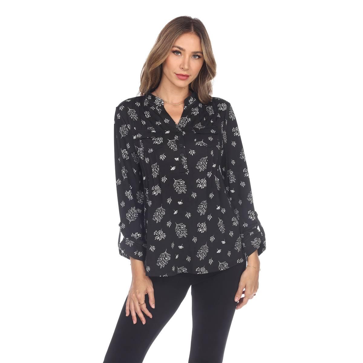Womens White Mark Pleated Long Sleeve Leaf Blouse