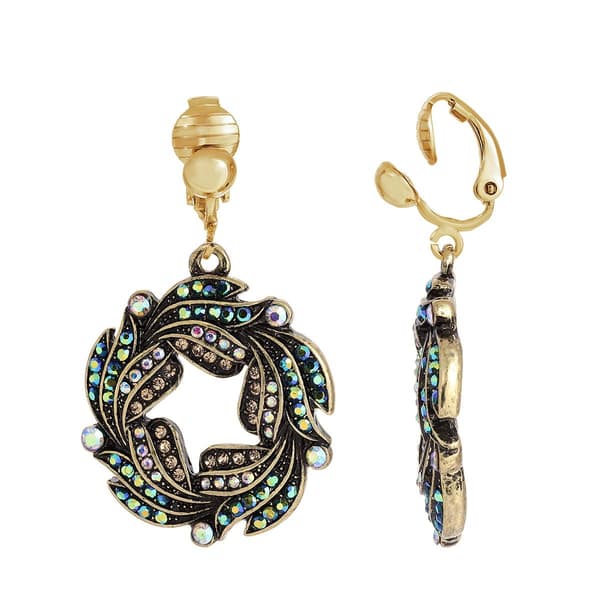 1928 Gold Tone Aurora Borealis Stone Wreath Clip Earrings - image 