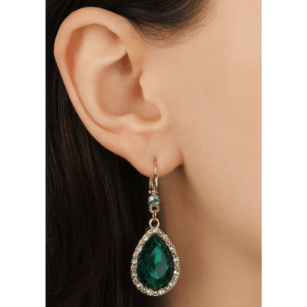 1928 Gold-Tone Green Teardrop Leverback Drop Earring