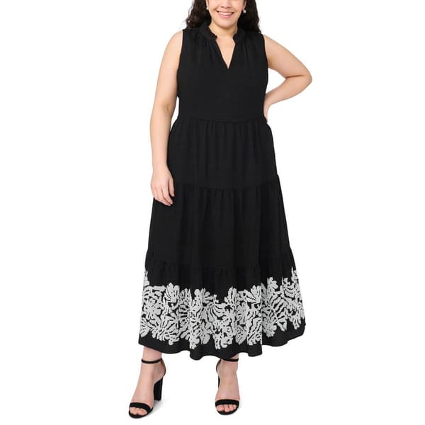 Plus Size MSK Sleeveless Tier Embroidered Hem Midi Dress