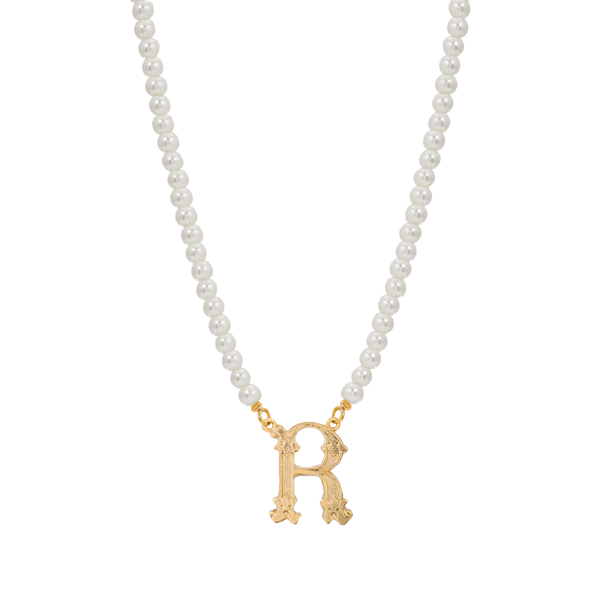 1928 16in. Gold-Tone R Initial Pearl Pendant - image 