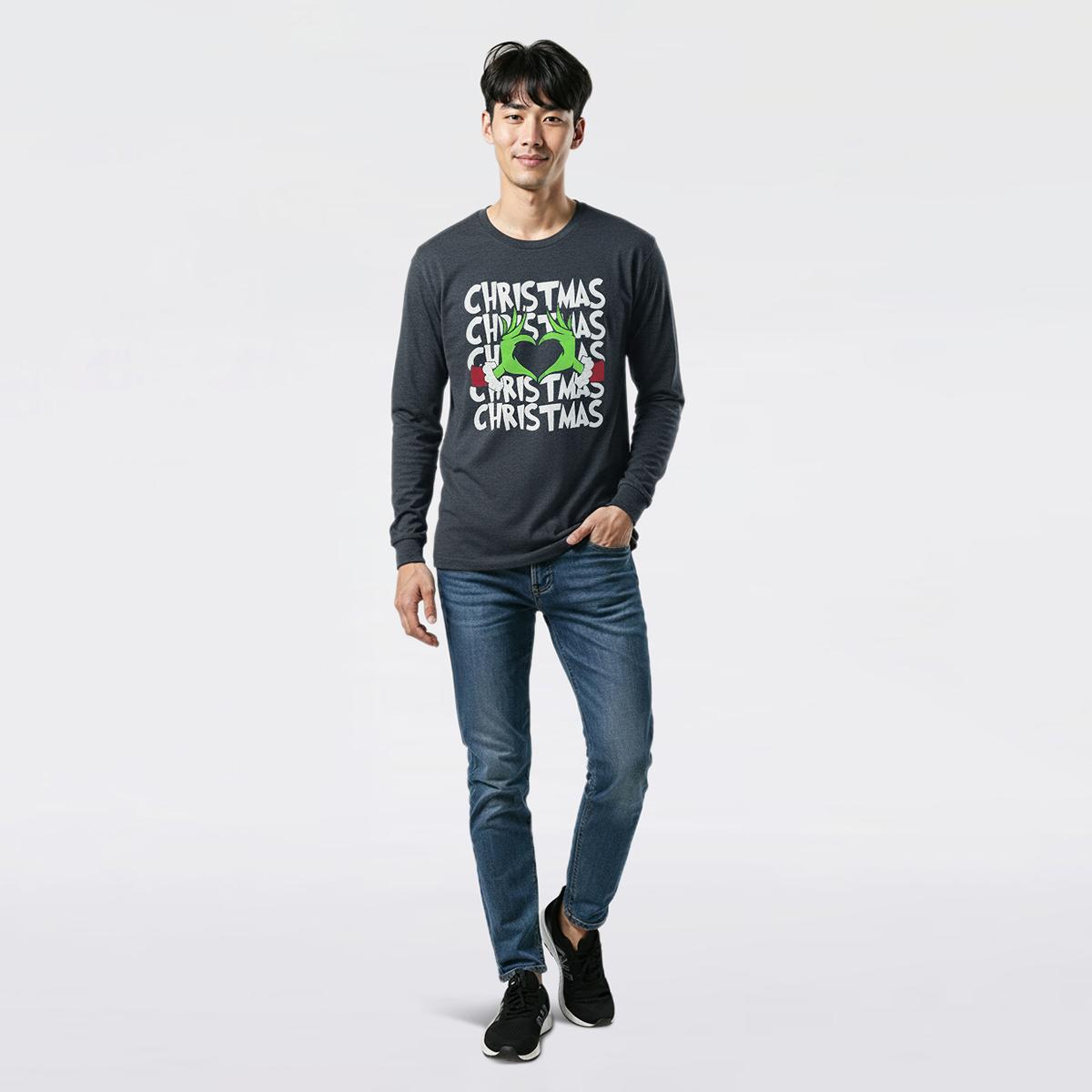 Young Mens Grinch Christmas Heart Long Sleeve Graphic Tee